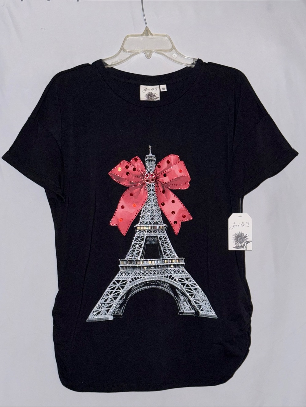 NWT Joei & I Black Embellished Eiffel Tower Shirred Tee Size Large